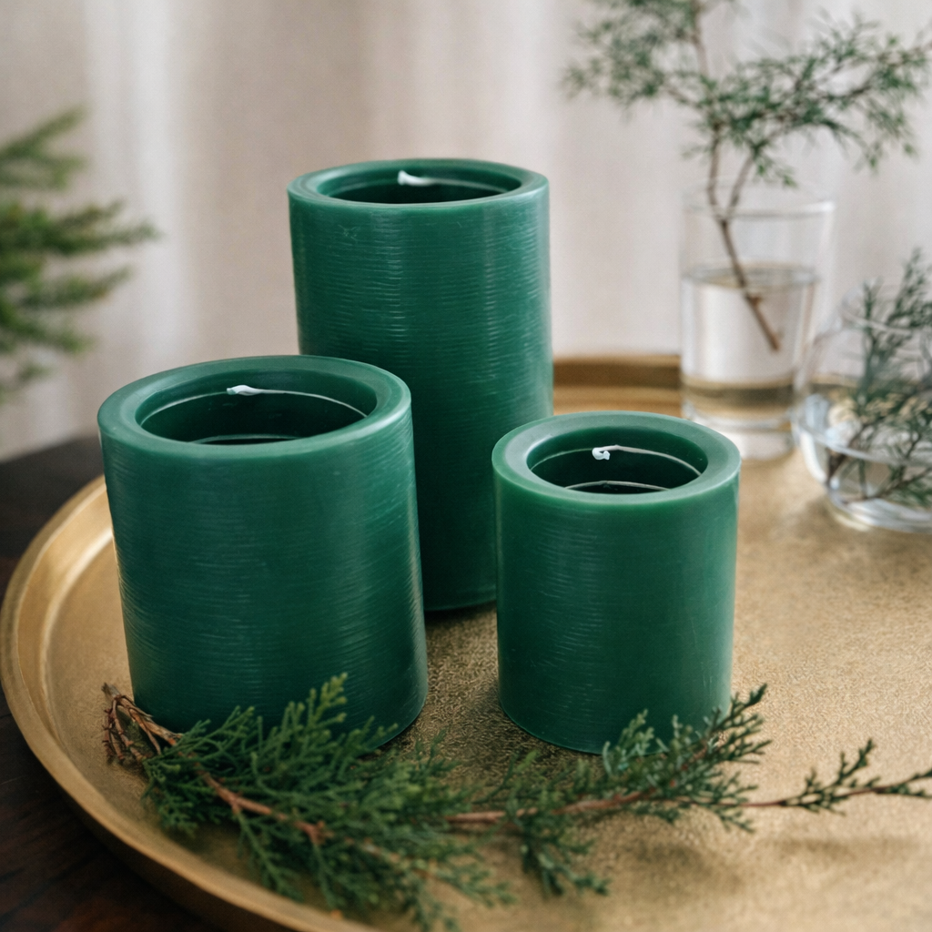 a trio of green spiral light candles in the balsam and cedar scent on a gold decorative tray.