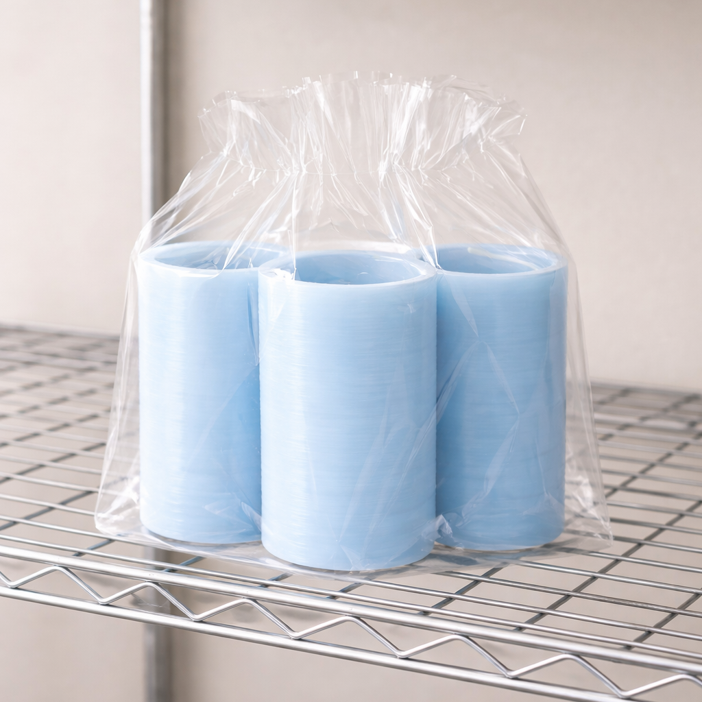 Three blue candles in a clear plastic bag on a metal shelf.