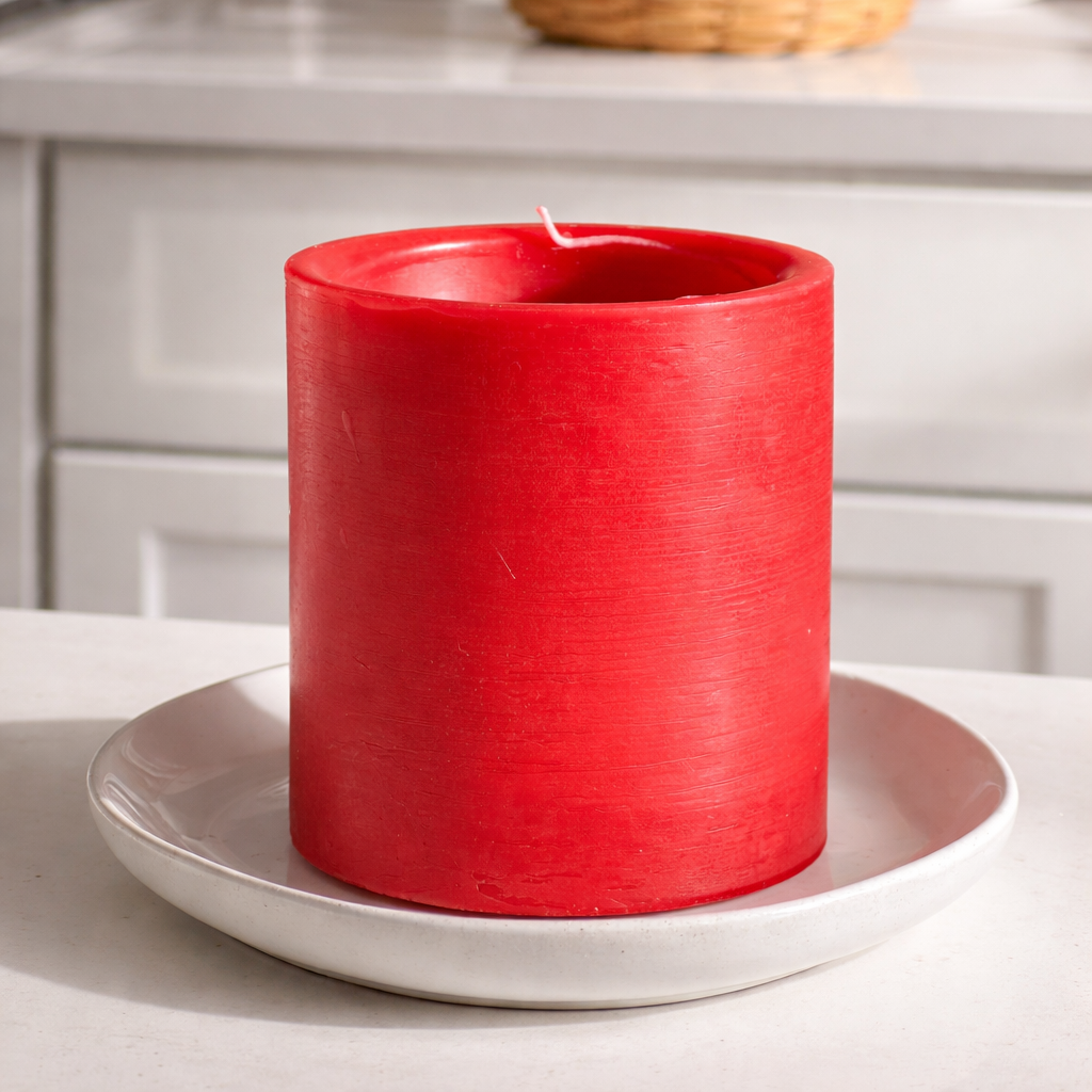 Red candle on a white plate with a neutral background