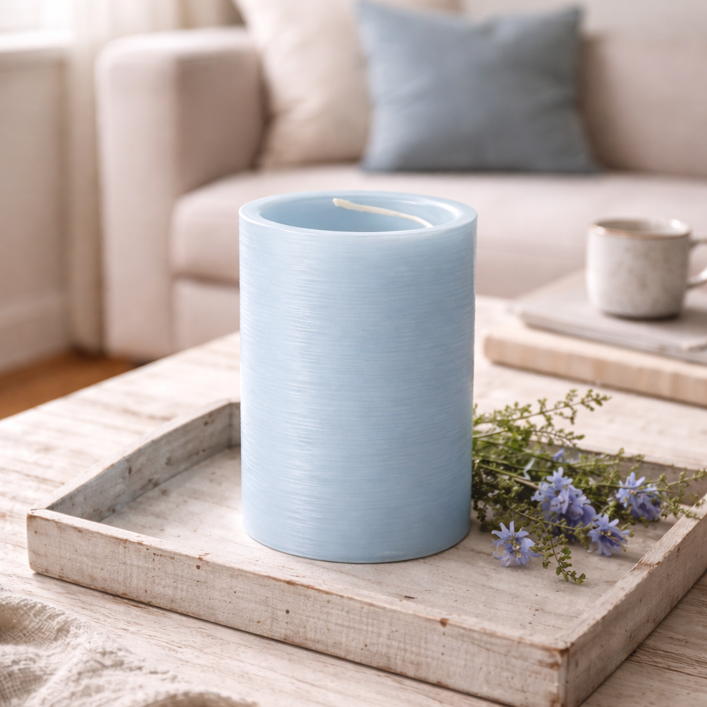 Light blue candle on a wooden tray with flowers in a living room setting