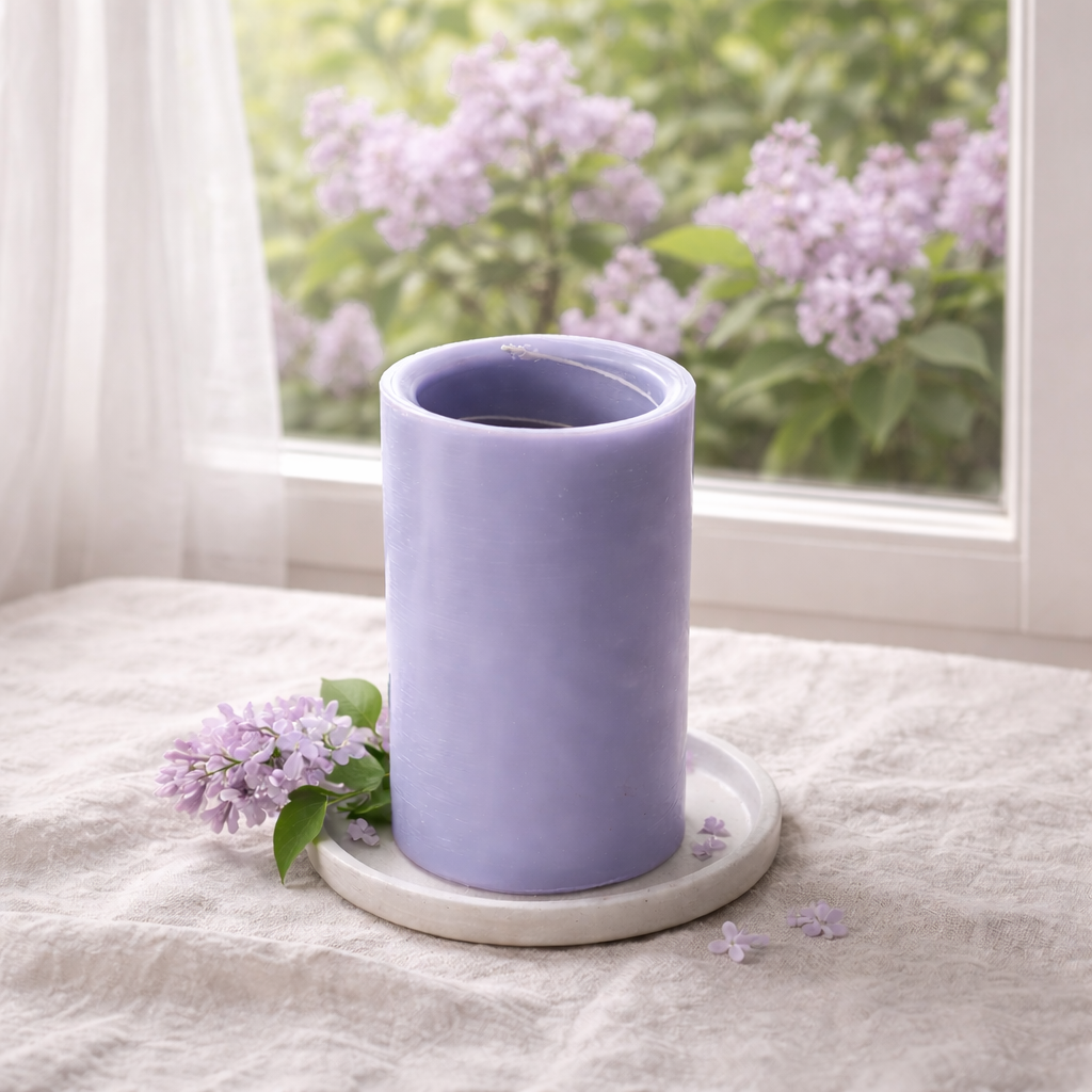 Lilac Pillar candle in fron tof a window with  lilac shrubs outside