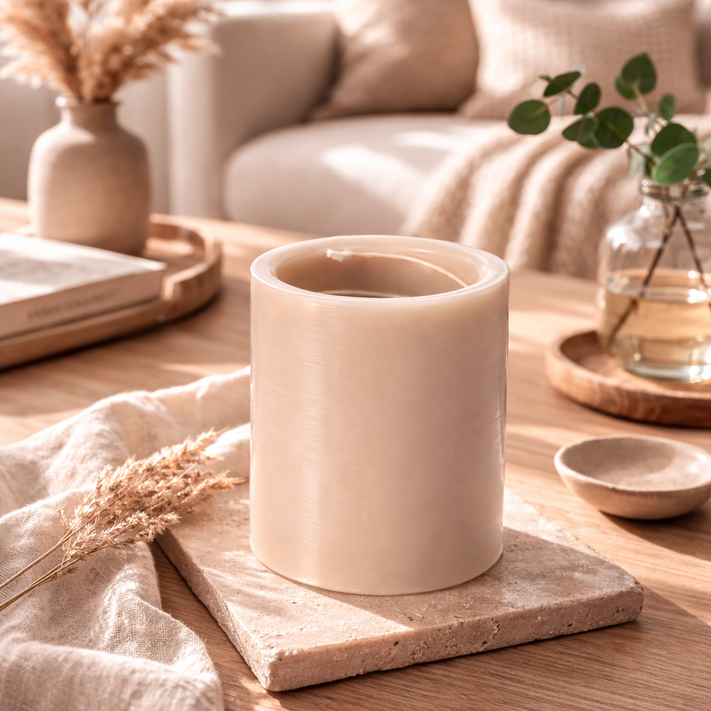A tan spiral light candle on a wooden table with a cozy living room background